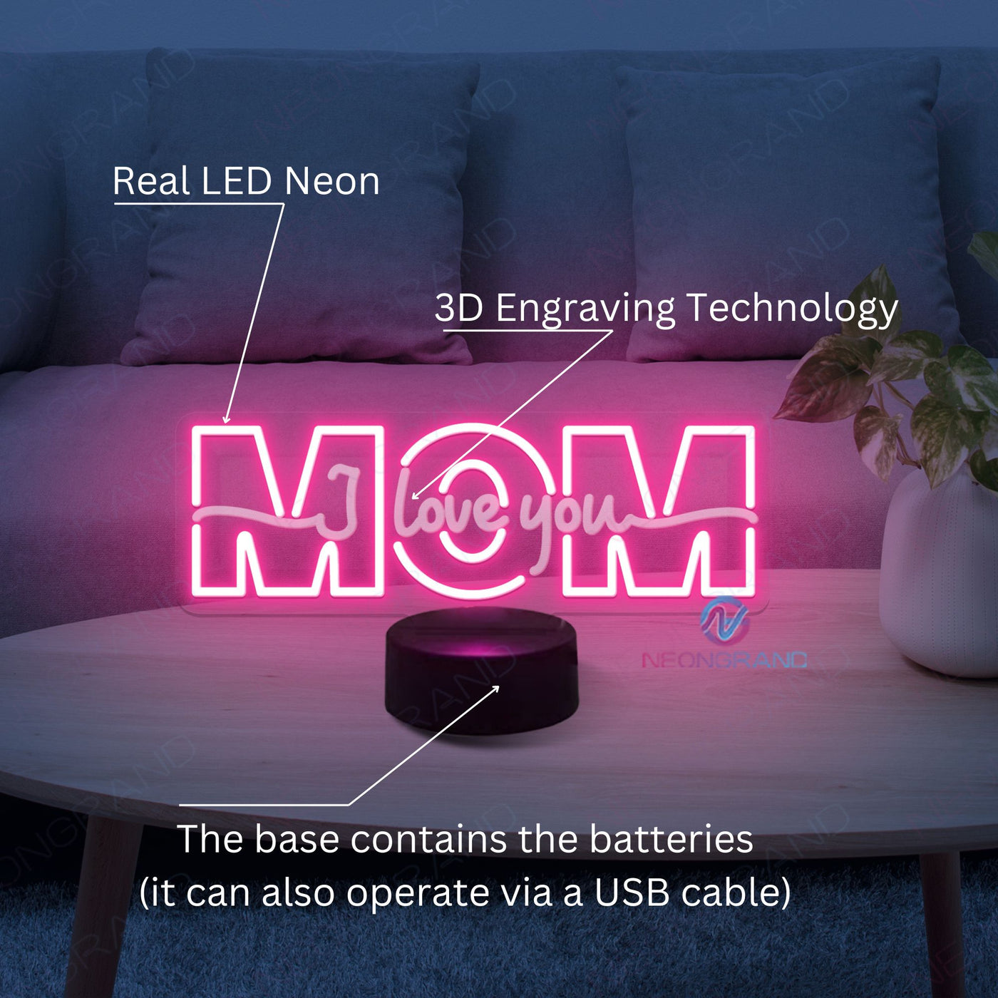 I Love You Mom Battery Operated Neon Sign For Mother's Day