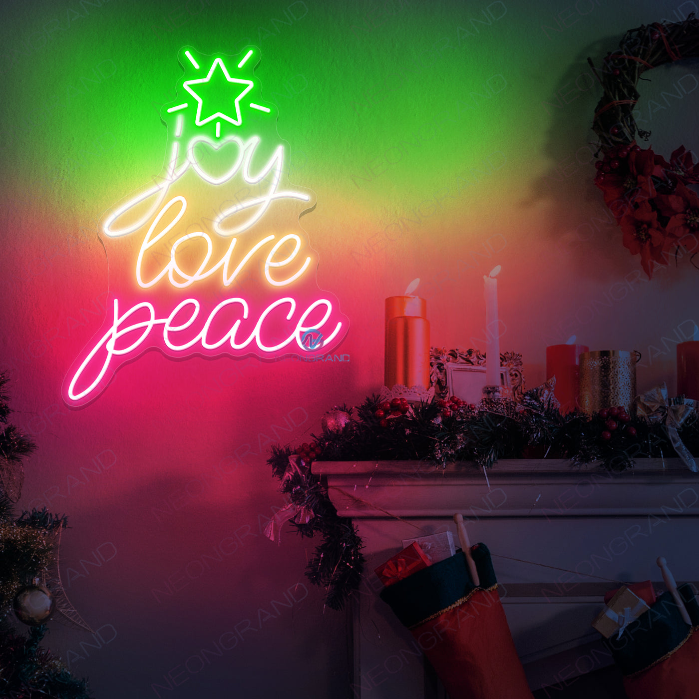 Neon Christmas Lights Joy Love Peace Led Sign pink