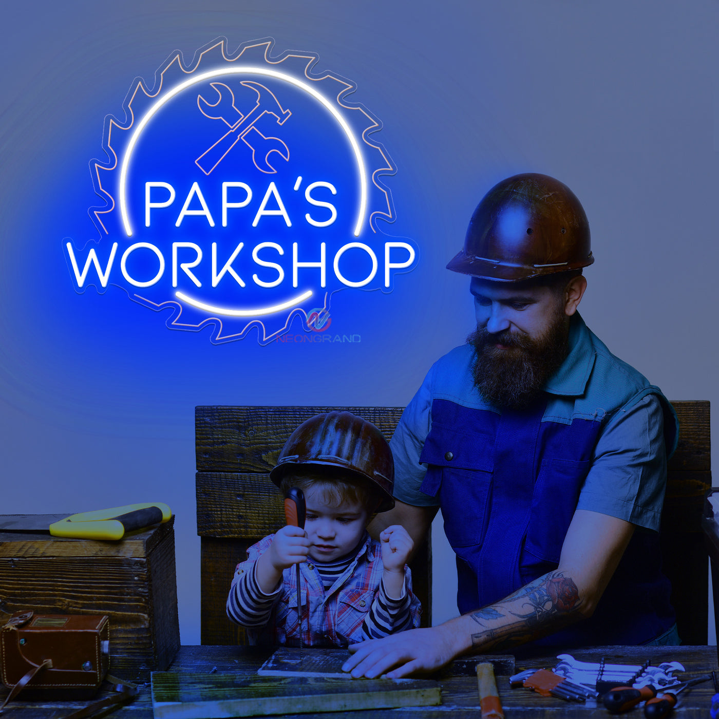 Custom Papa Workshop Neon Sign For Dads Led Light blue