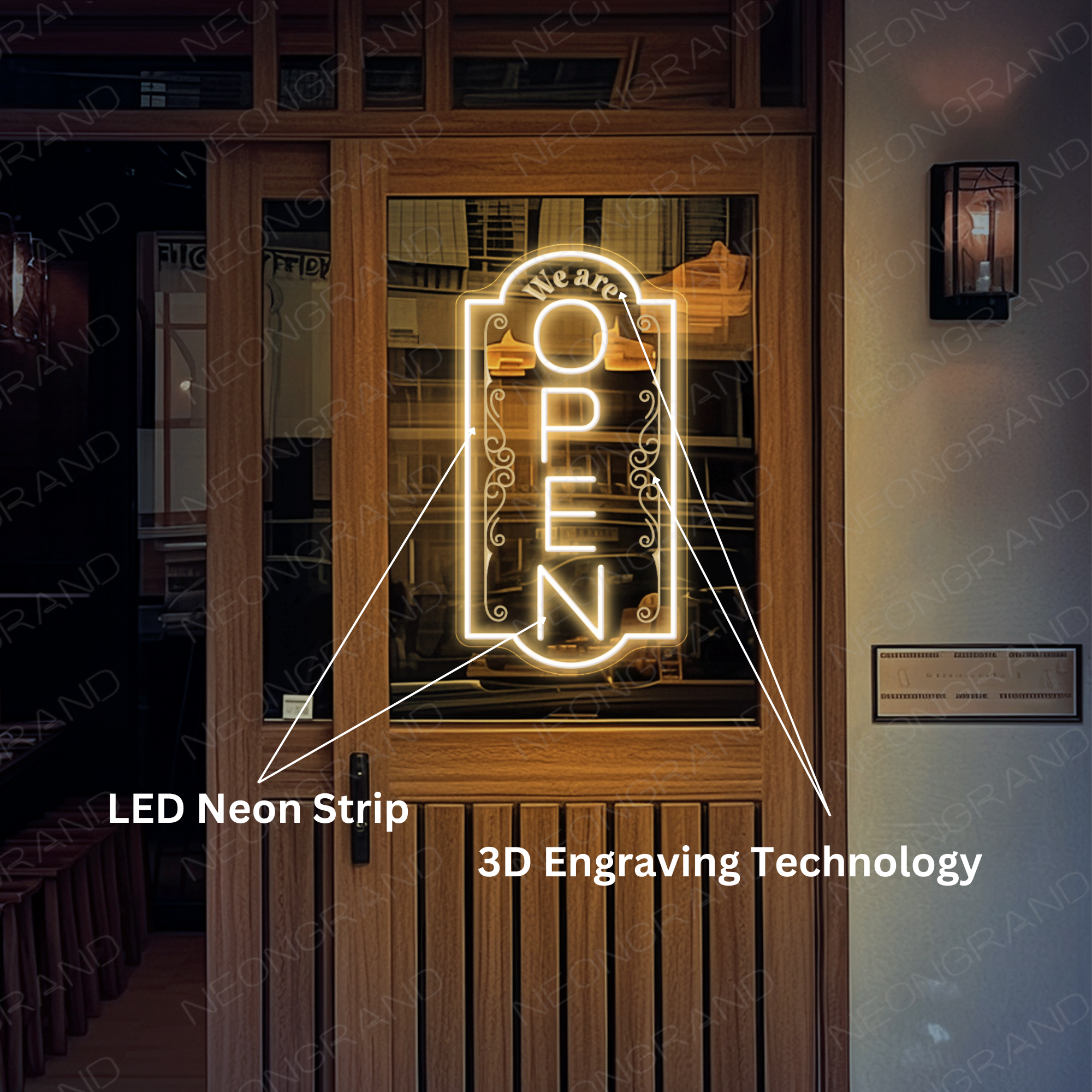 Large 3D Engraving Vertical Open Neon Sign Business LED Light Super Bright