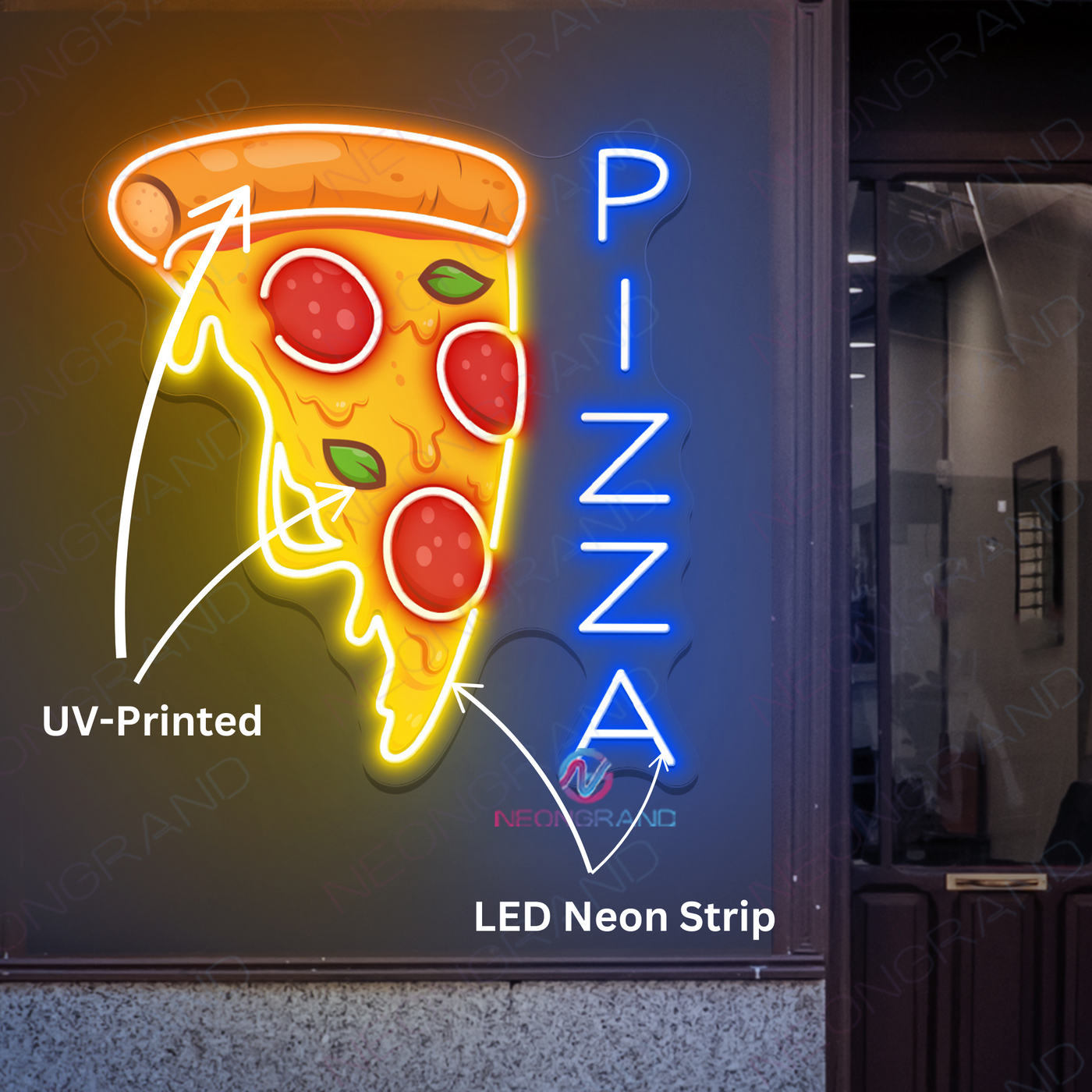 Pizza Neon Sign UV Printed Vertical LED Light