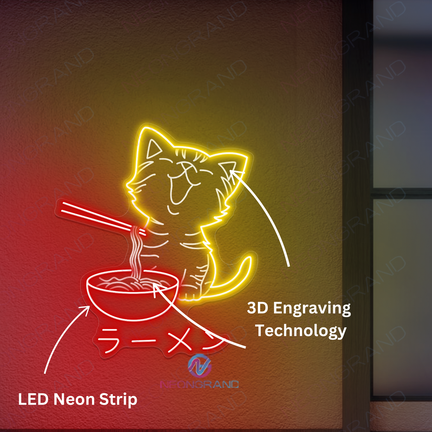 Neon Cat Ramen Sign Japanese 3D-Engraved Led Light