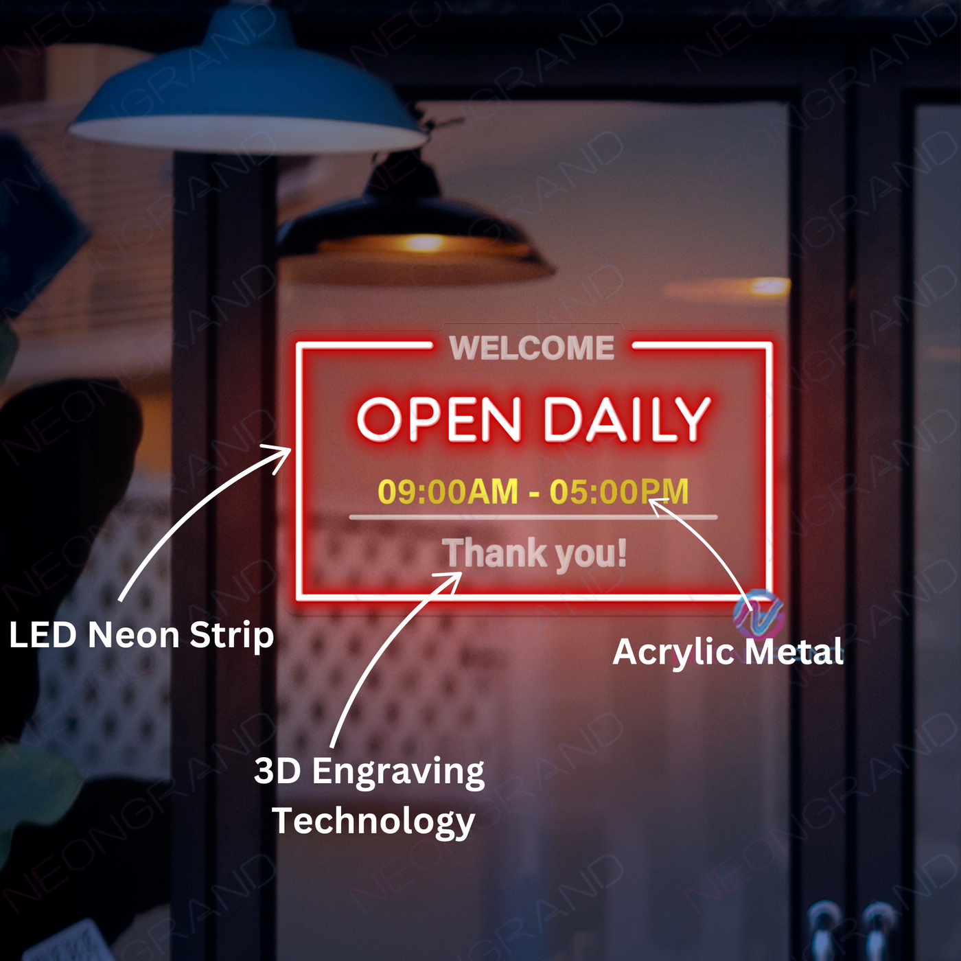 Open Daily Neon Sign Custom Business Hours Acrylic Metal LED Light