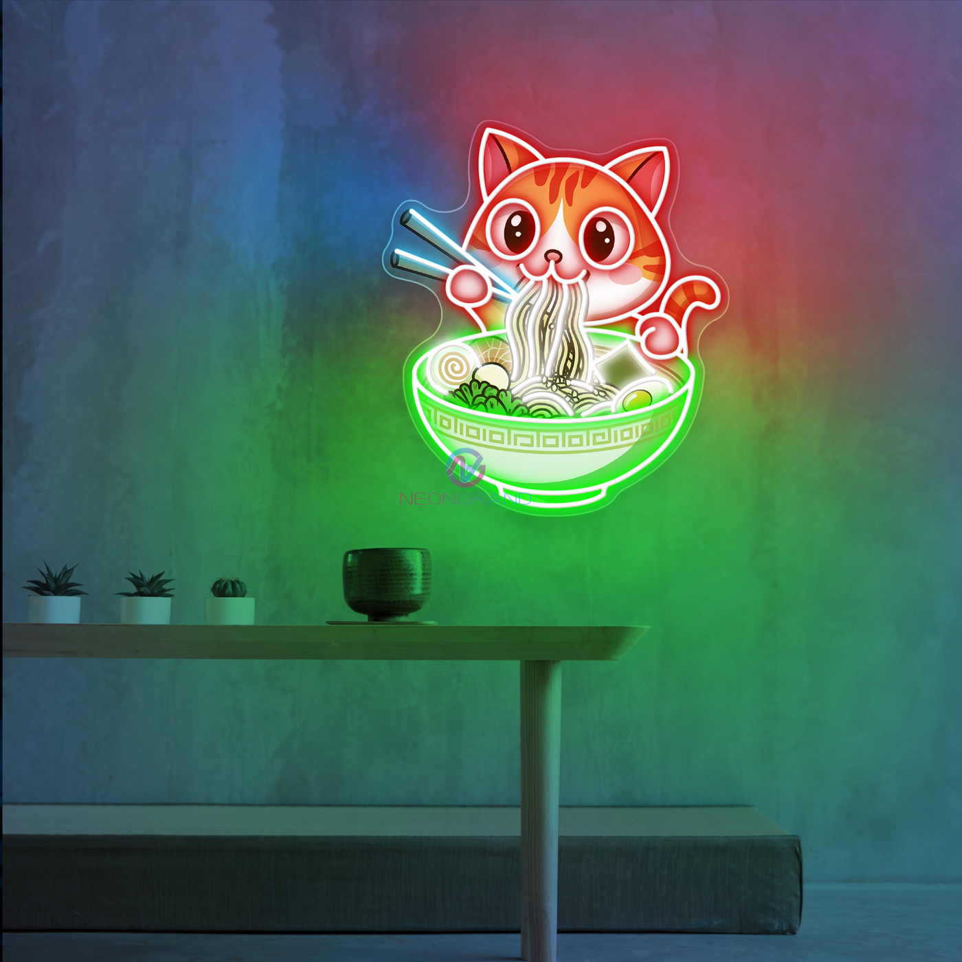 Neon Cat Ramen Sign Japanese UV-Printing Led Light