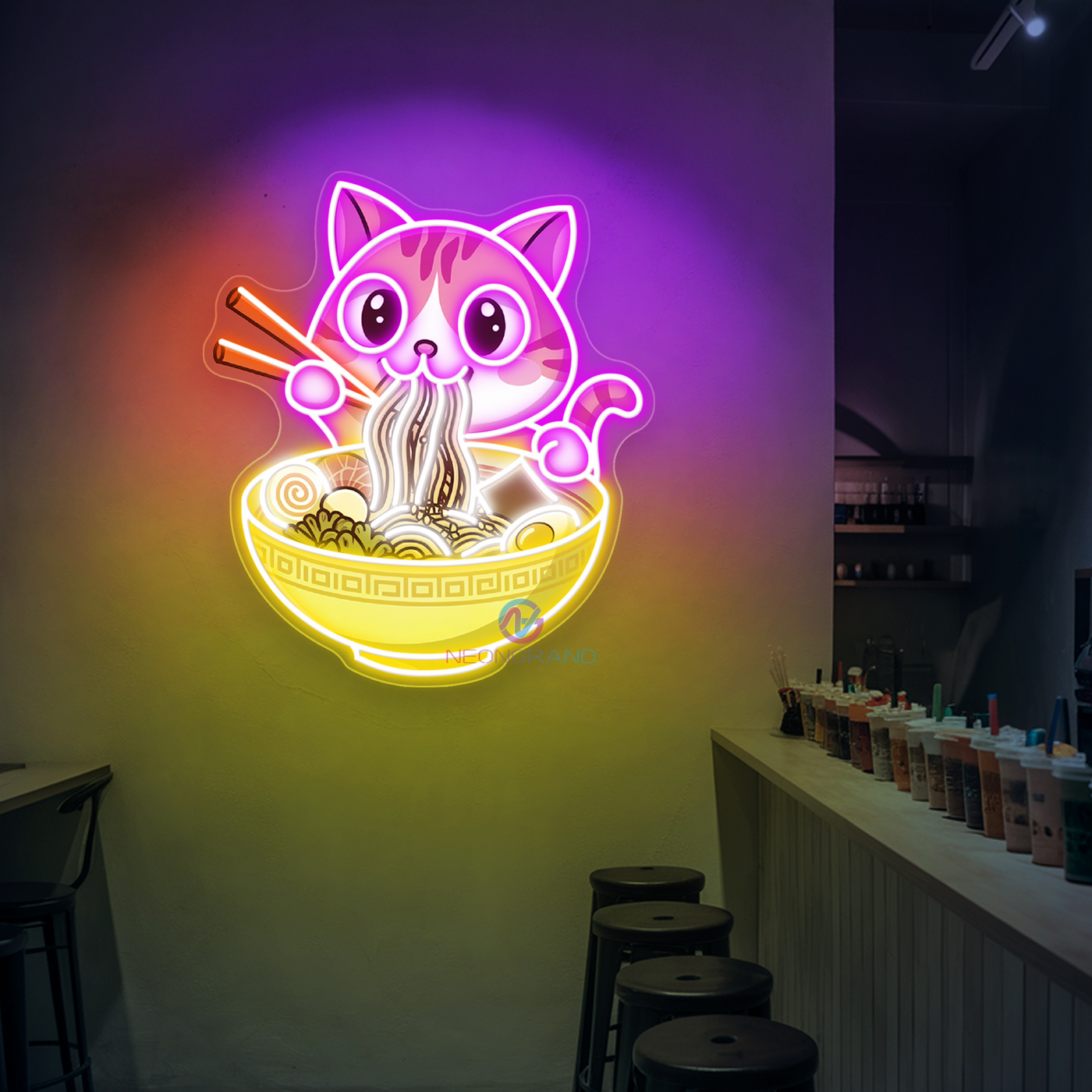 Neon Cat Ramen Sign Japanese UV-Printing Led Light