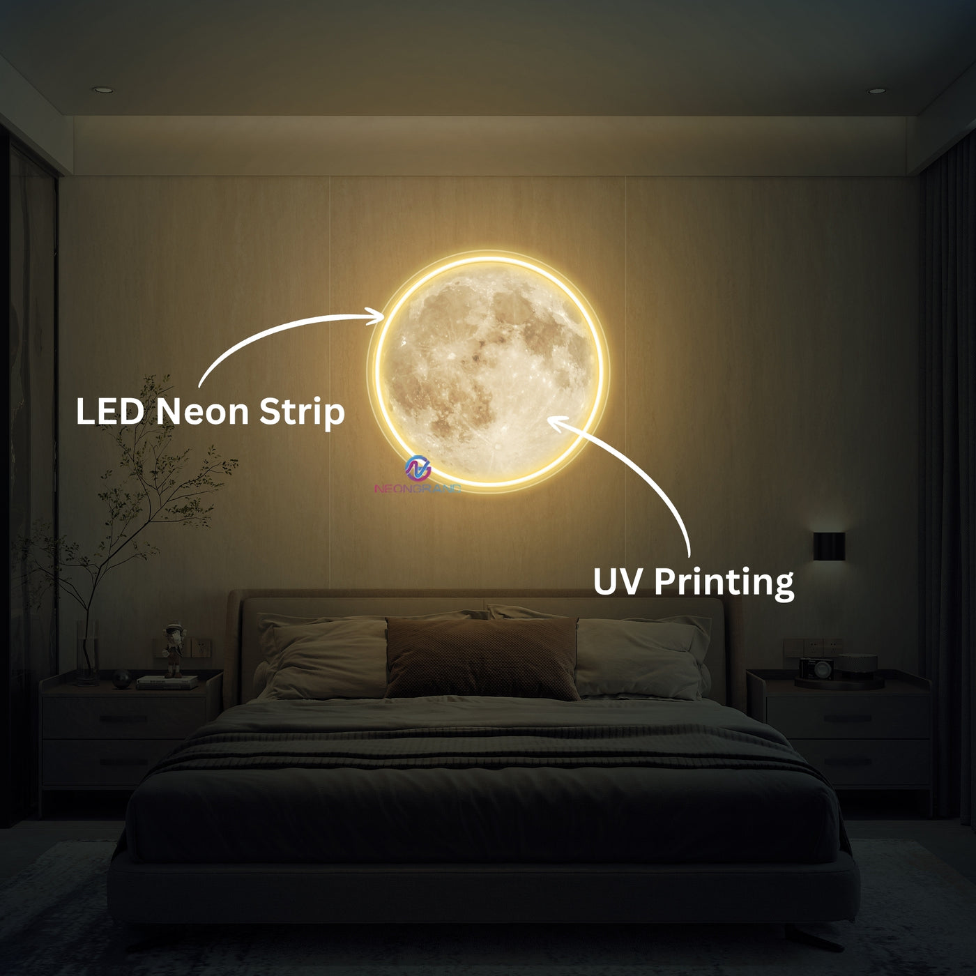 Full Moon Neon Sign UV Printing Inspirational LED Light