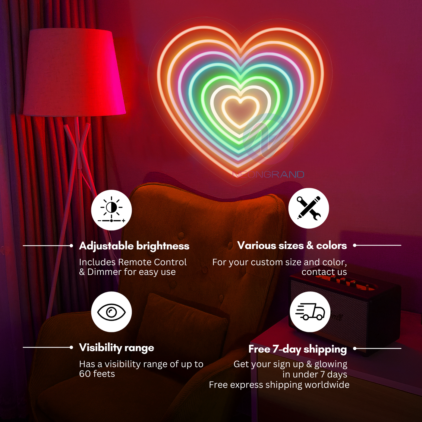 Heart Neon Sign Aesthetic Rainbow Led Light