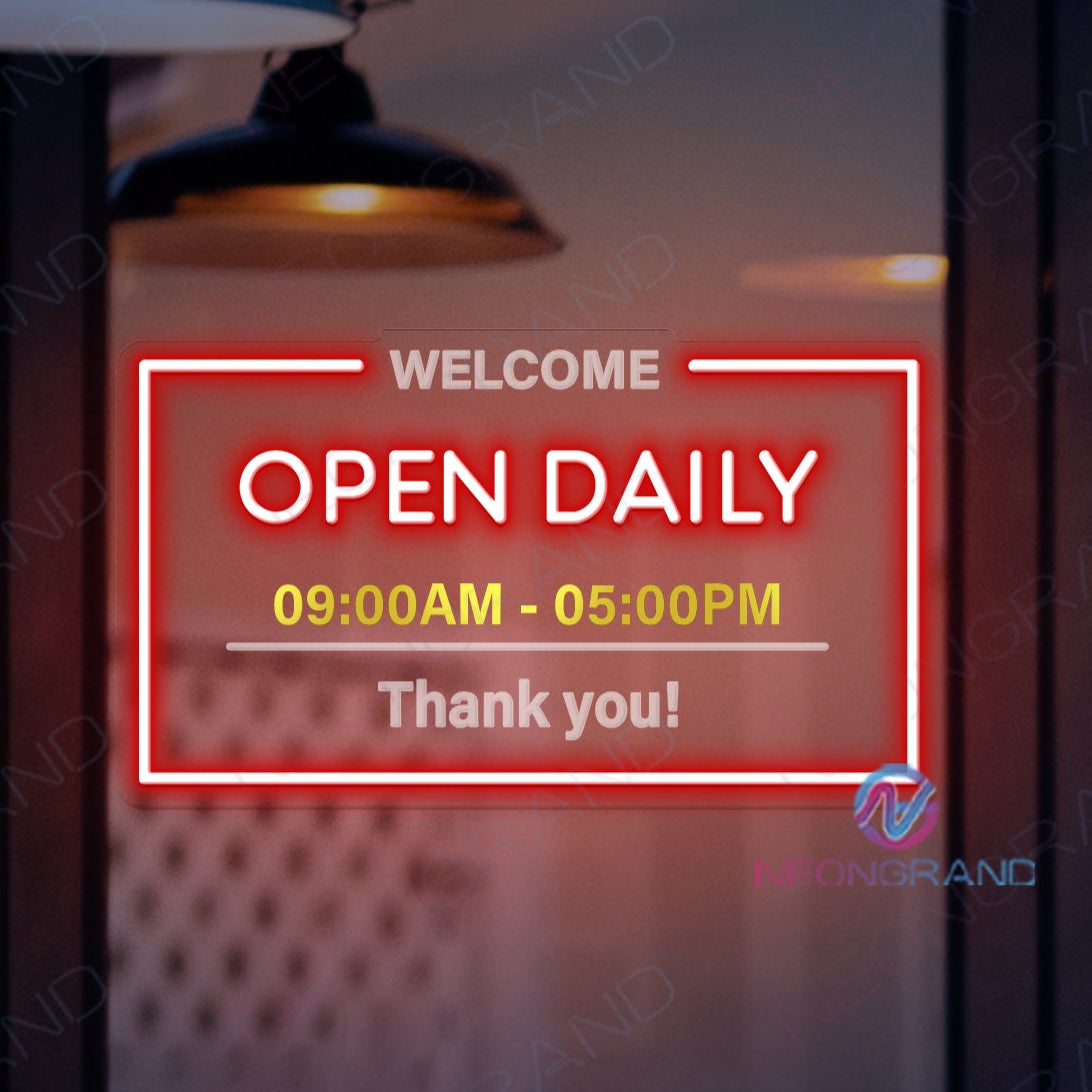 Open Daily Neon Sign Custom Business Hours Acrylic Metal LED Light