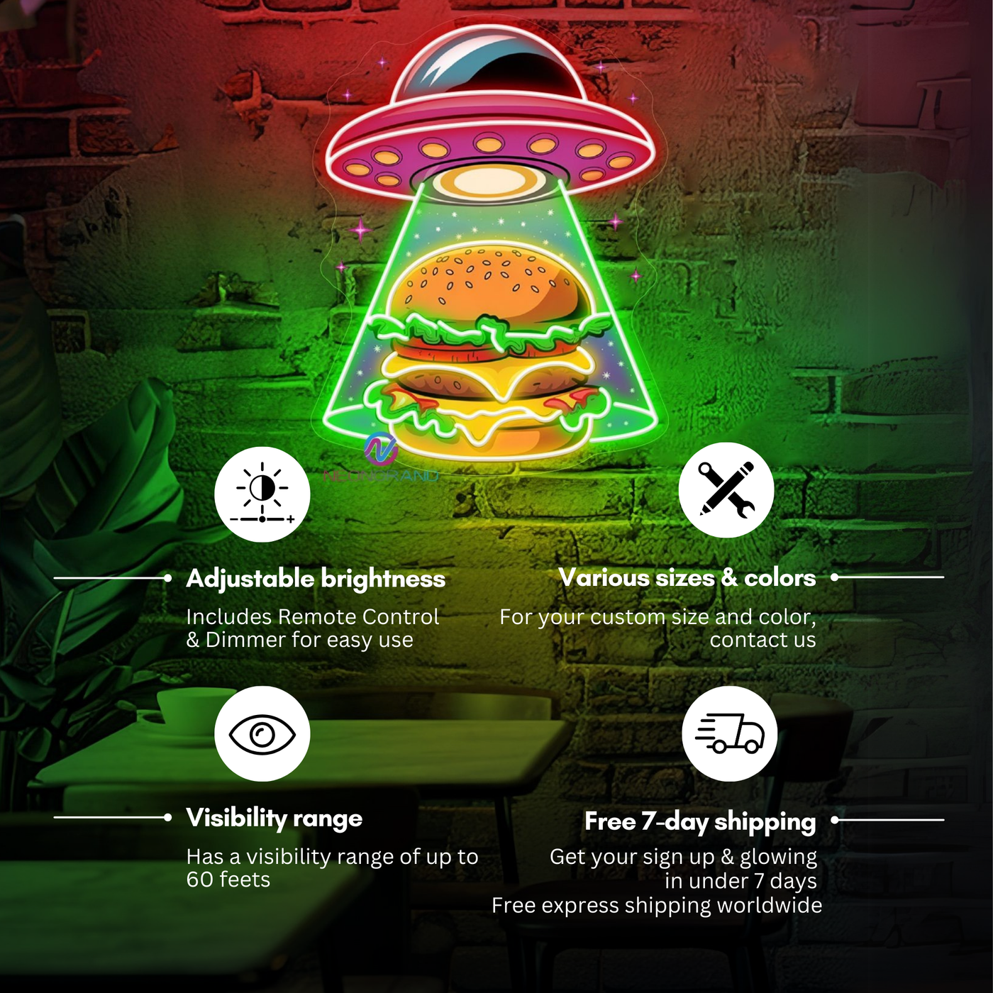 Burger Neon Sign UV-Printing UFO LED Light