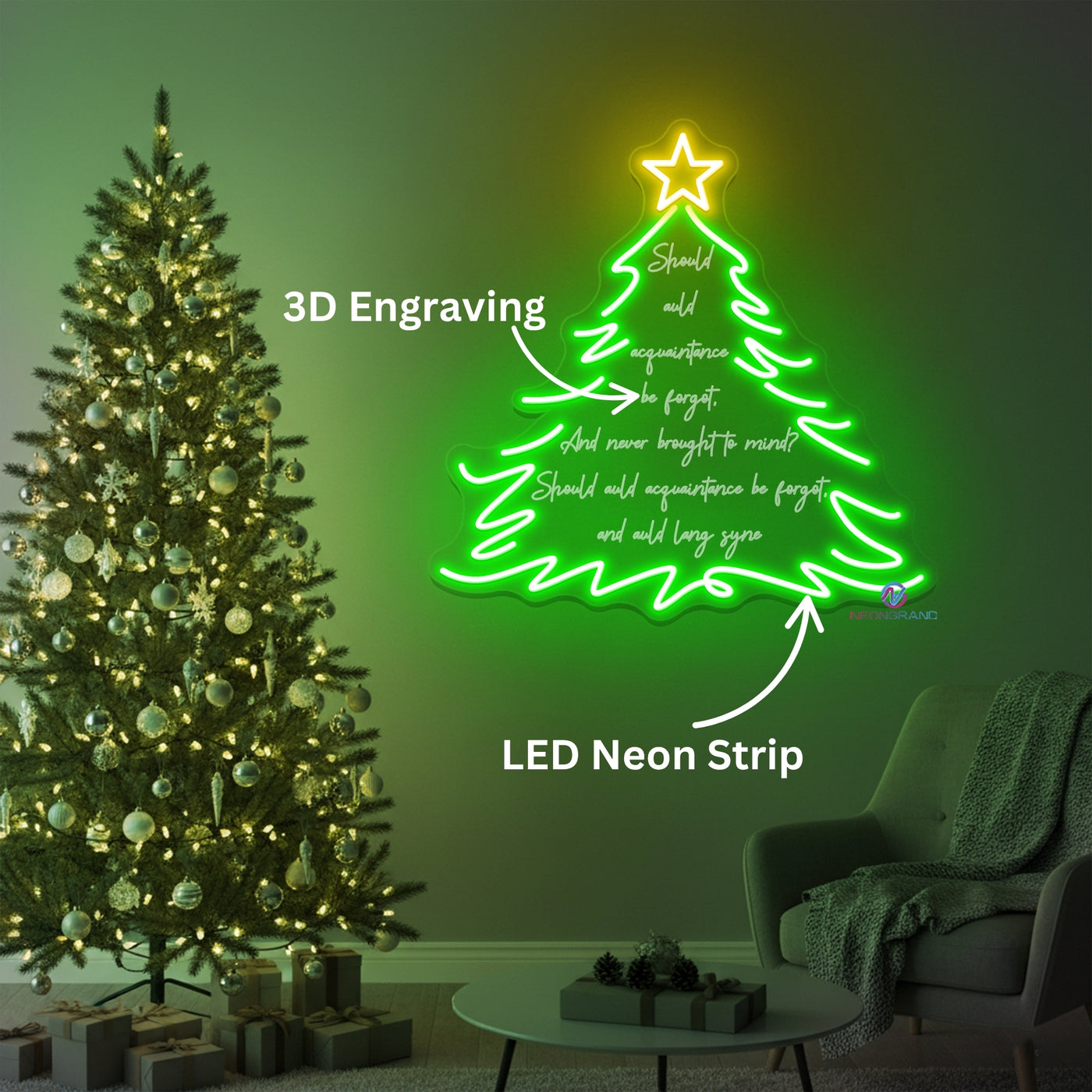 Christmas Tree Neon Light 3D Engraving Xmas LED Sign