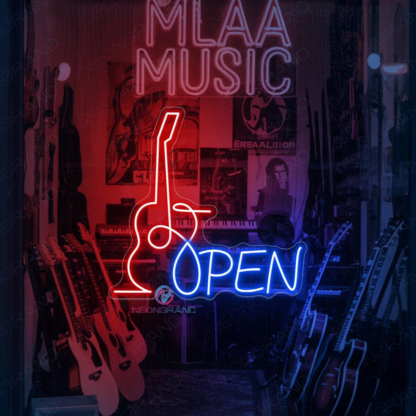 Guitar Open Neon Sign Storefront LED Light