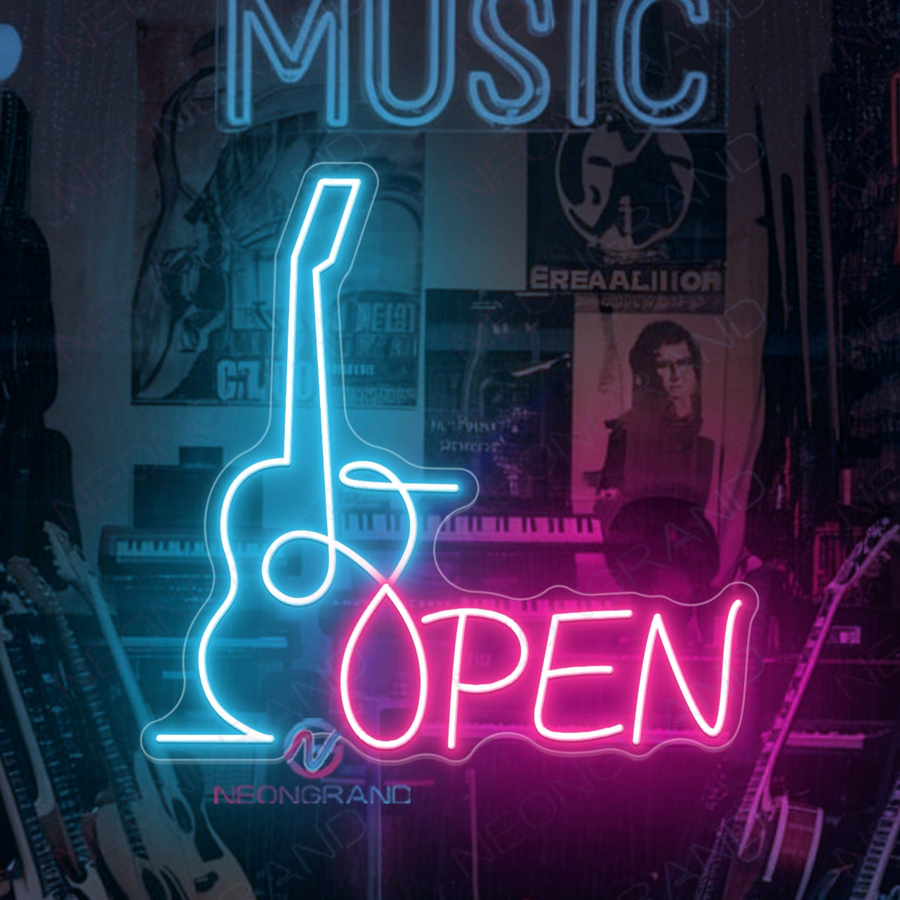 Guitar Open Neon Sign Storefront LED Light