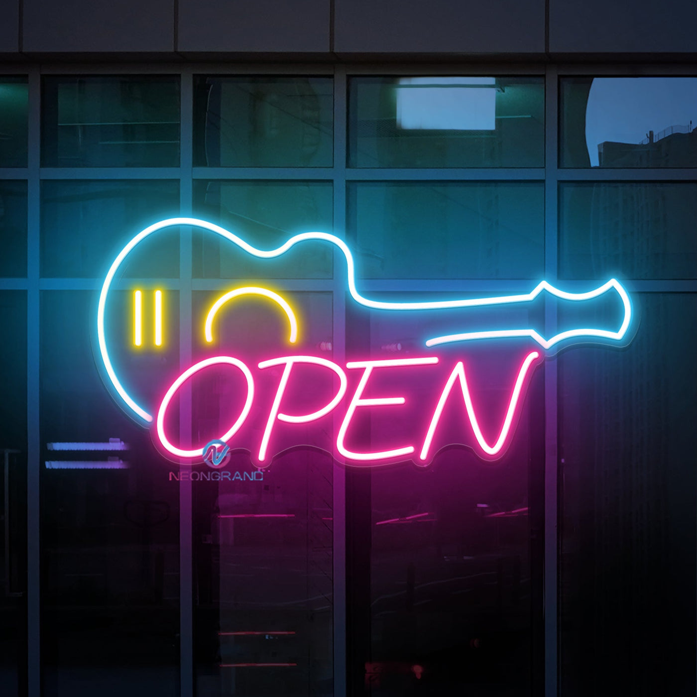 Guitar Open Neon Sign Business LED Light Storefront