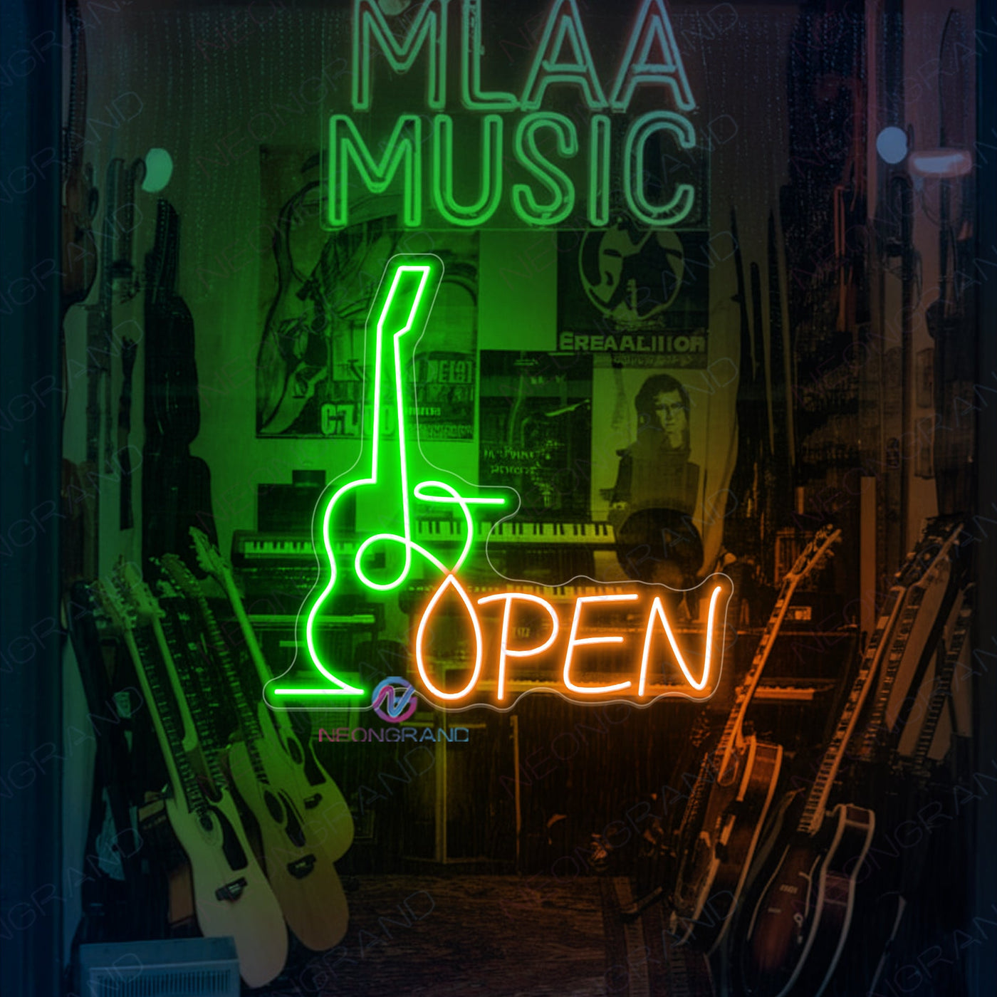 Guitar Open Neon Sign Storefront LED Light