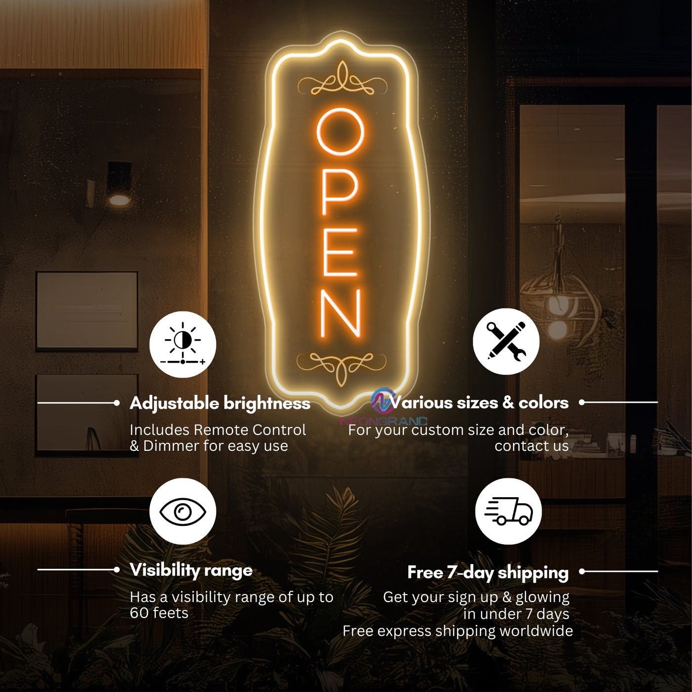 Vertical Vintage Open Neon Sign Storefront LED Light