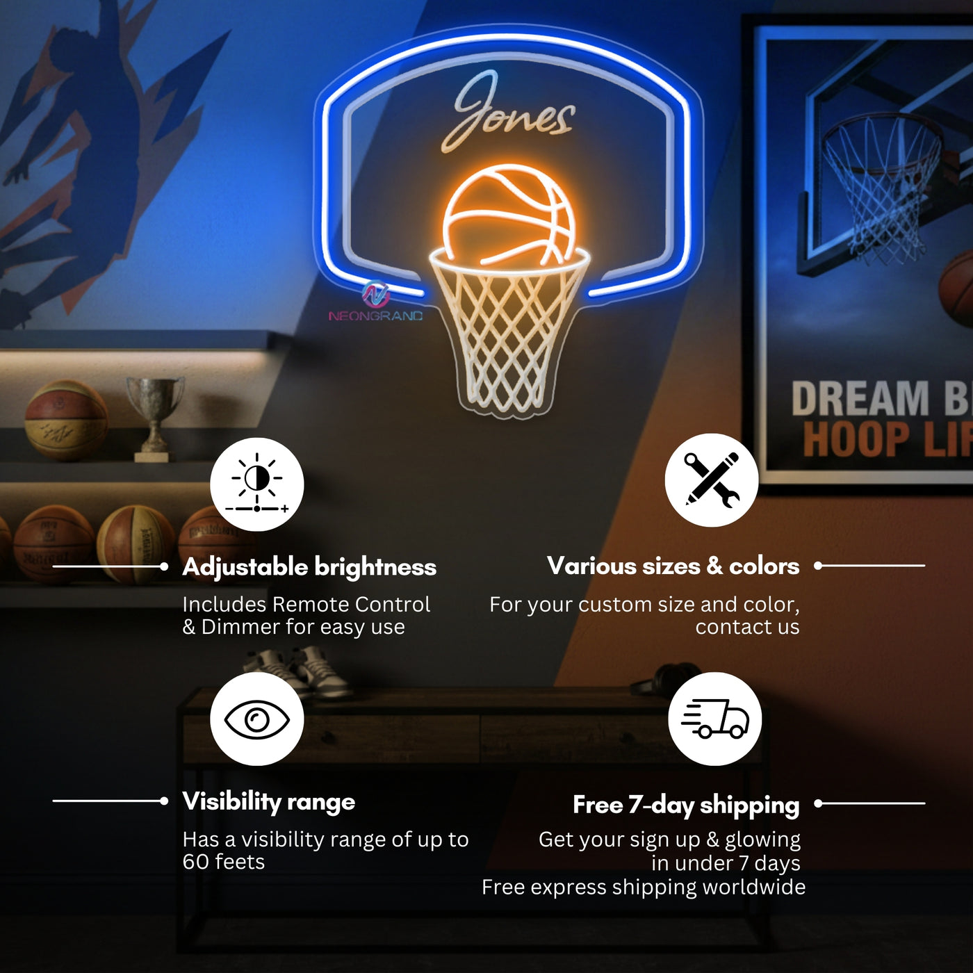 Custom Name Neon Sign Personalized Engraving Basketball LED Light