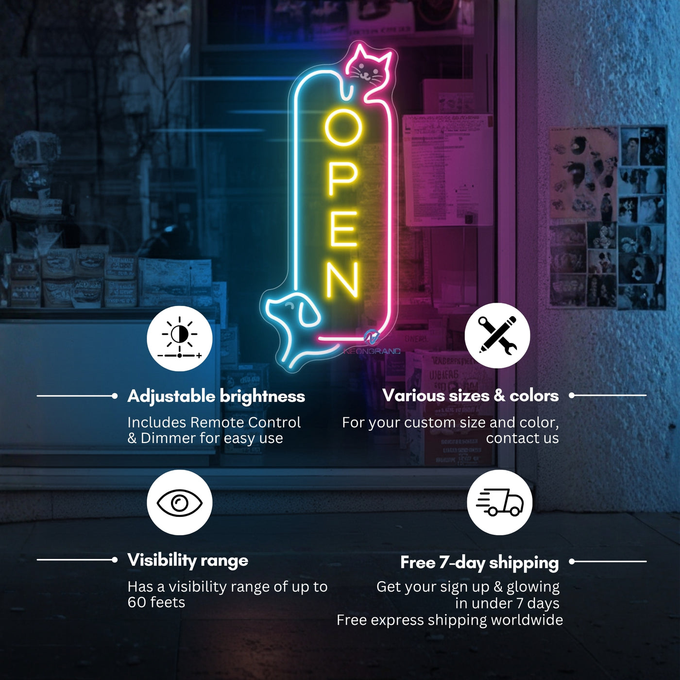 Vertical Pet Shop Open Sign Storefront LED Light For Business