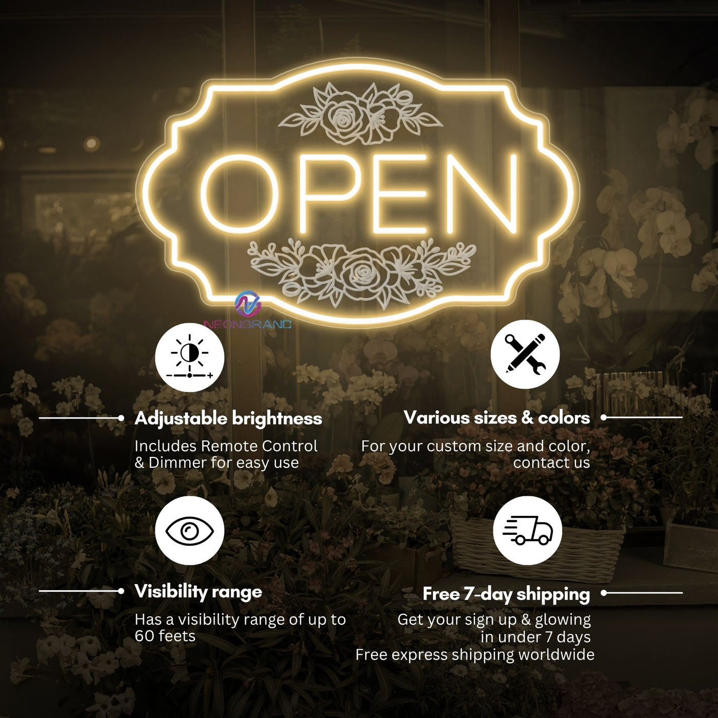 Florist Open Neon Sign Flower Shop Storefront LED Light