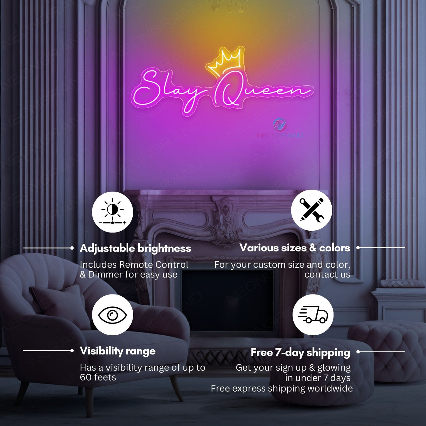 Slay Queen Neon Sign Crown Inspirational Large LED Light