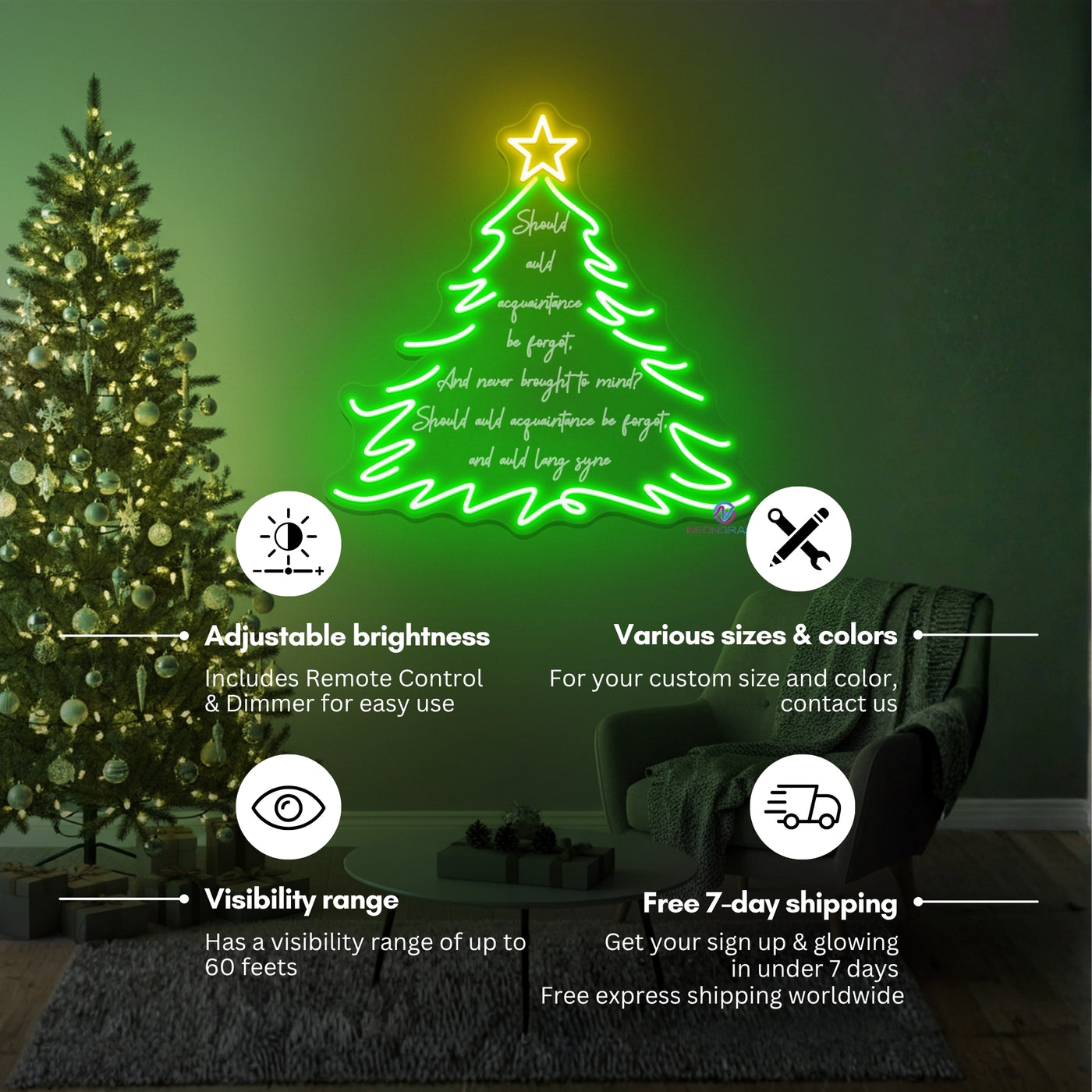 Christmas Tree Neon Light 3D Engraving Xmas LED Sign