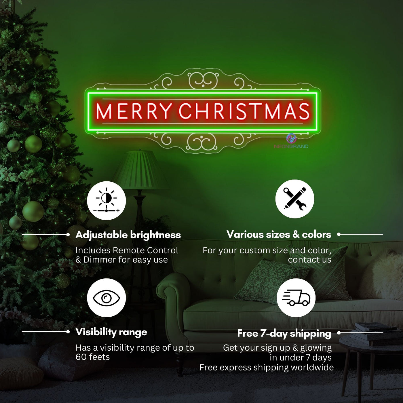 Merry Christmas Neon Sign Large Engraving LED Light
