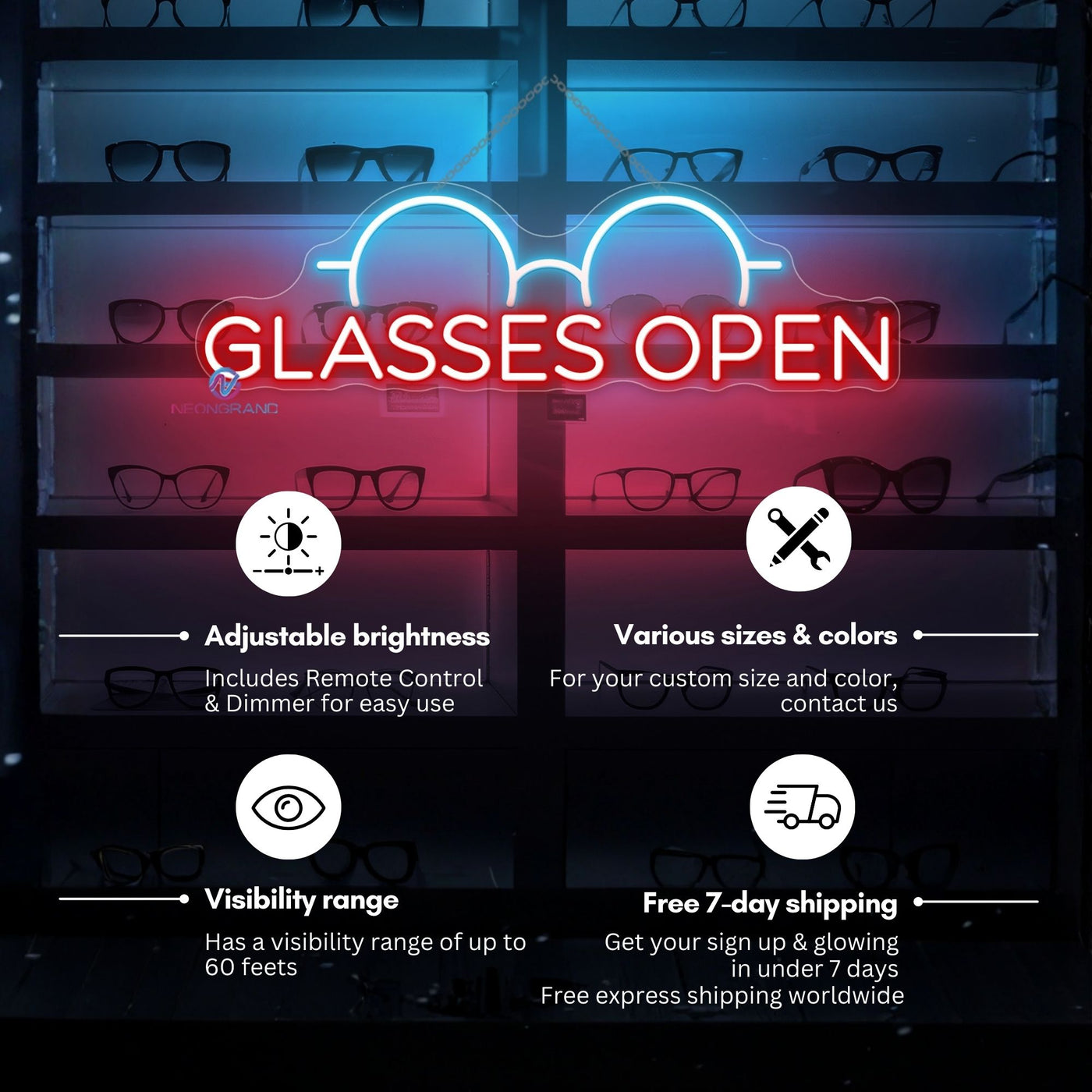 Glasses Open Neon Sign Optical Storefront LED Light
