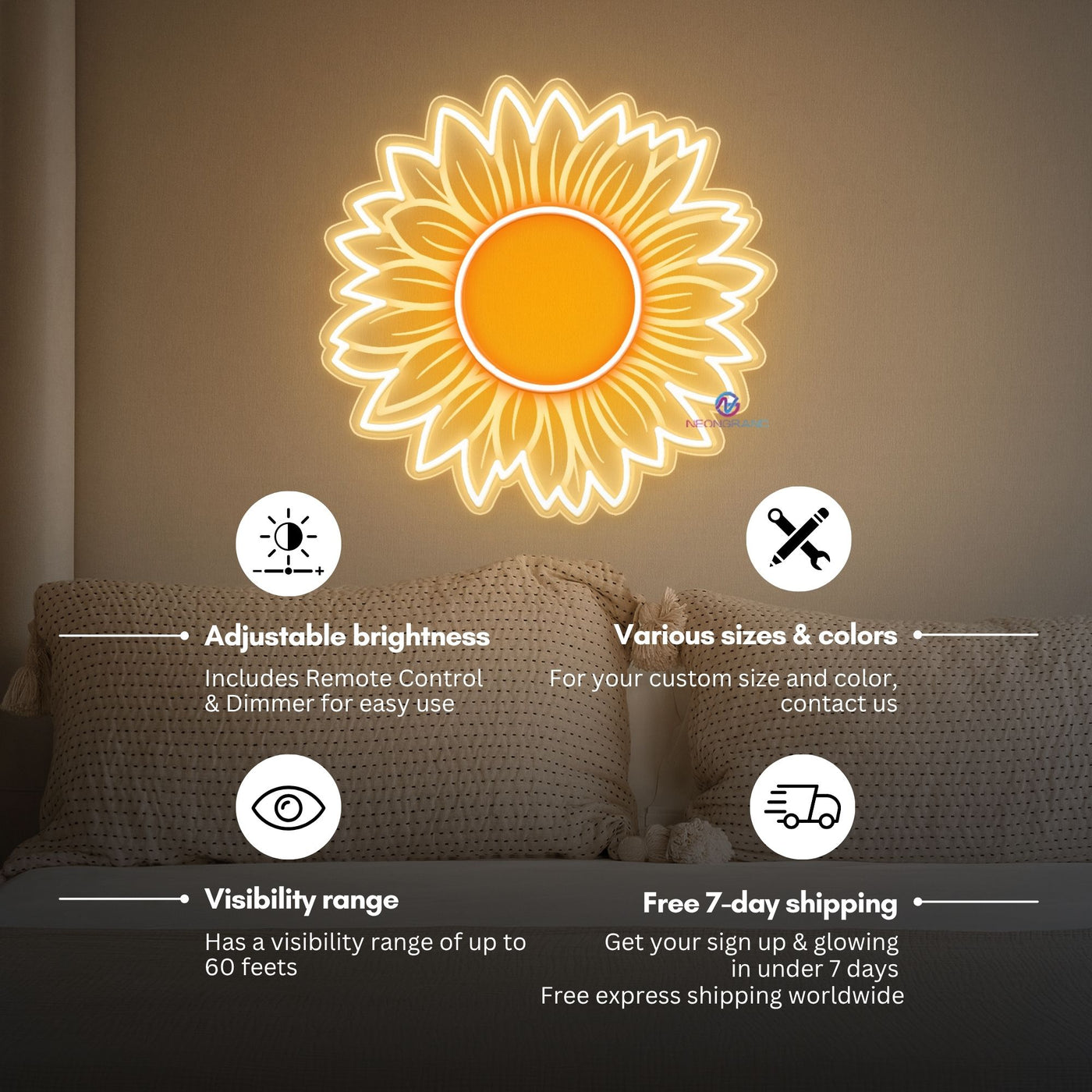 Sunflower Neon Sign 3D Engraving Inspirational LED Light