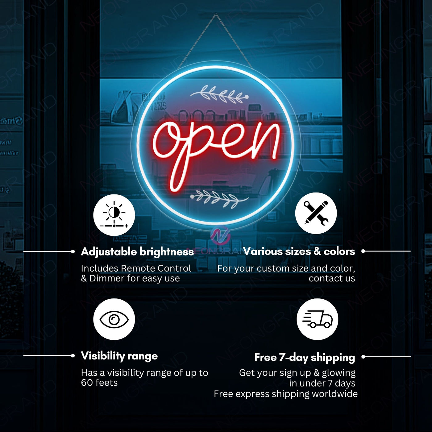 Vintage Neon Open Sign Engraving Storefront LED Light