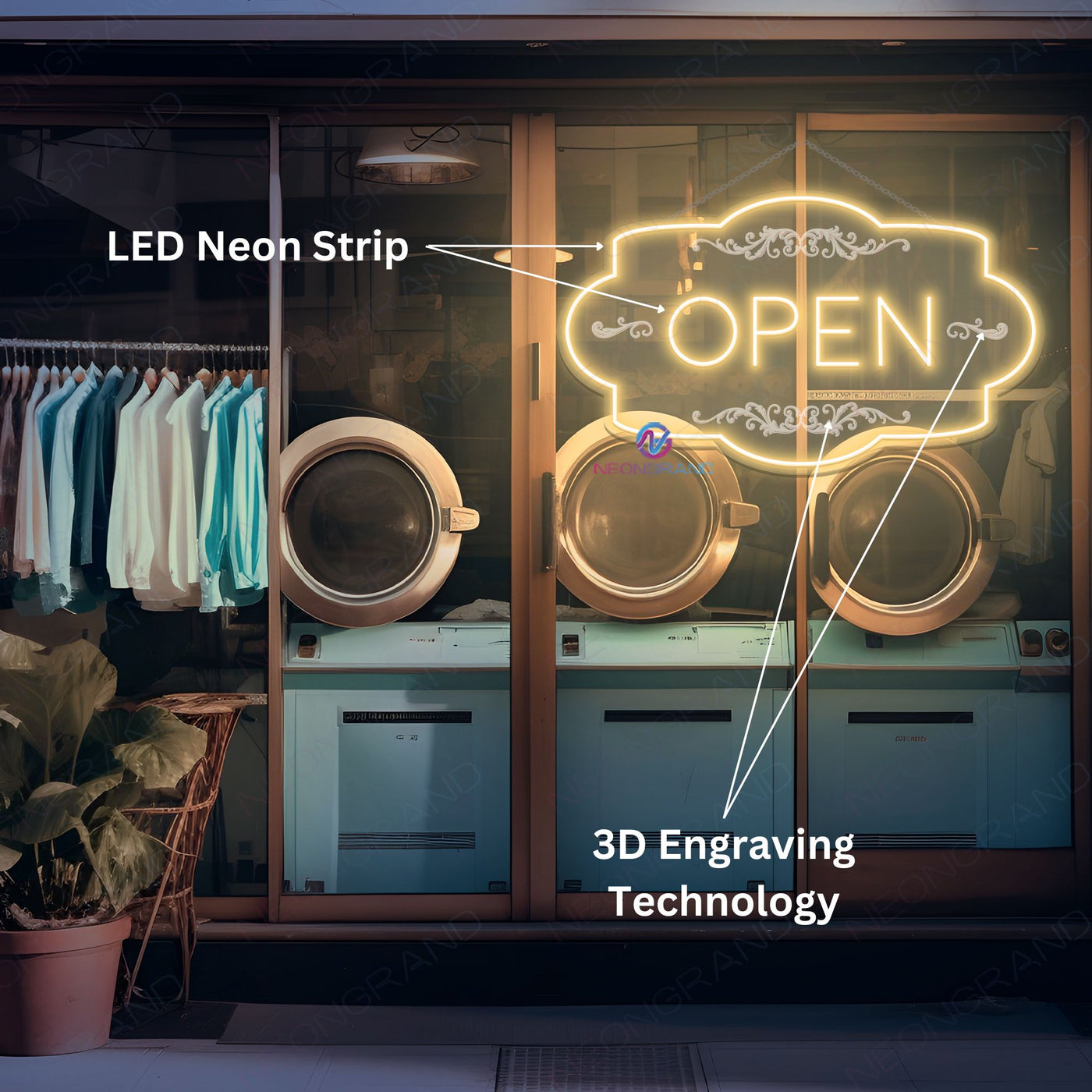 Neon Open Sign Retro 3D-Engraving Storefront LED Light