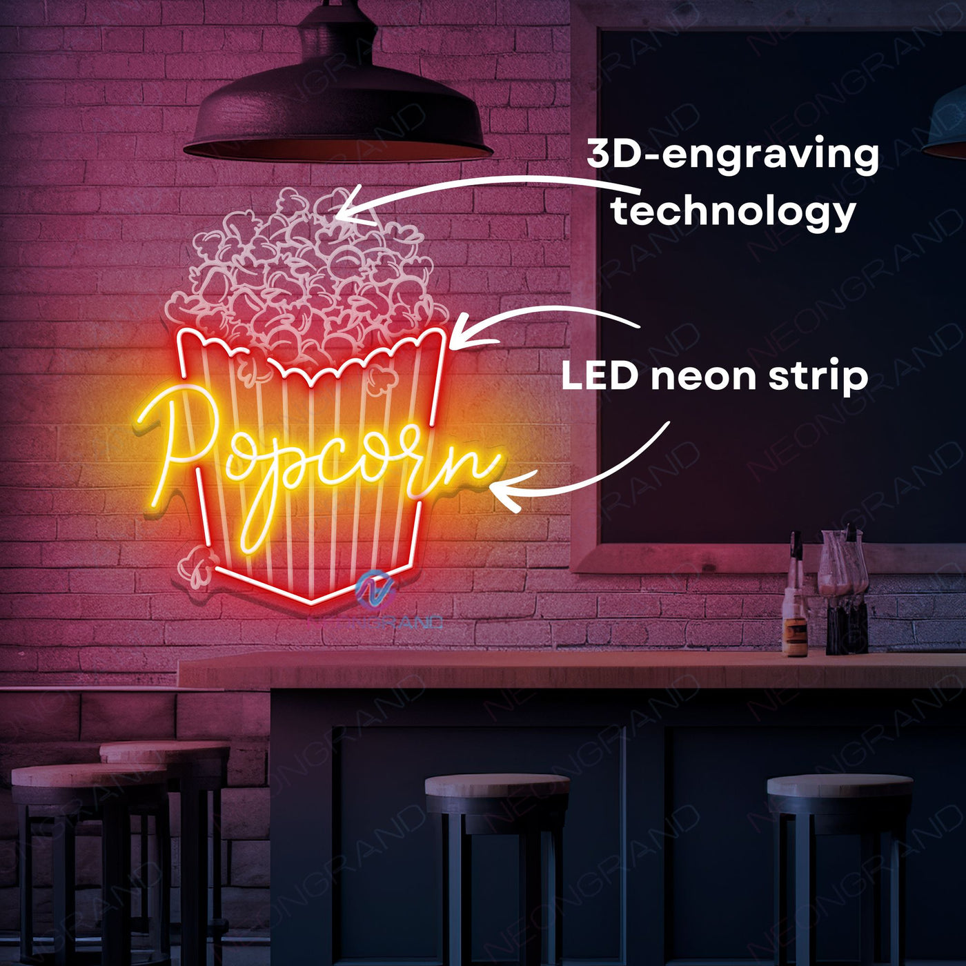 Popcorn Neon Sign 3D-Engraving Cinema LED Light