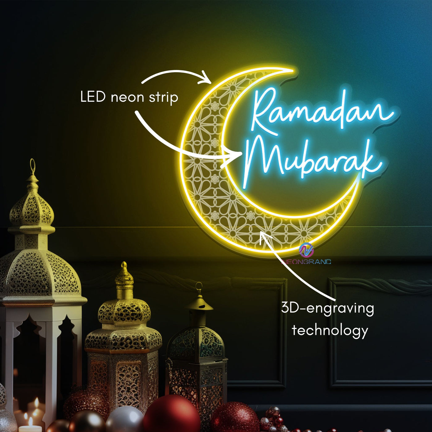 Ramadan Mubarak Neon Sign 3D Engraving LED Light