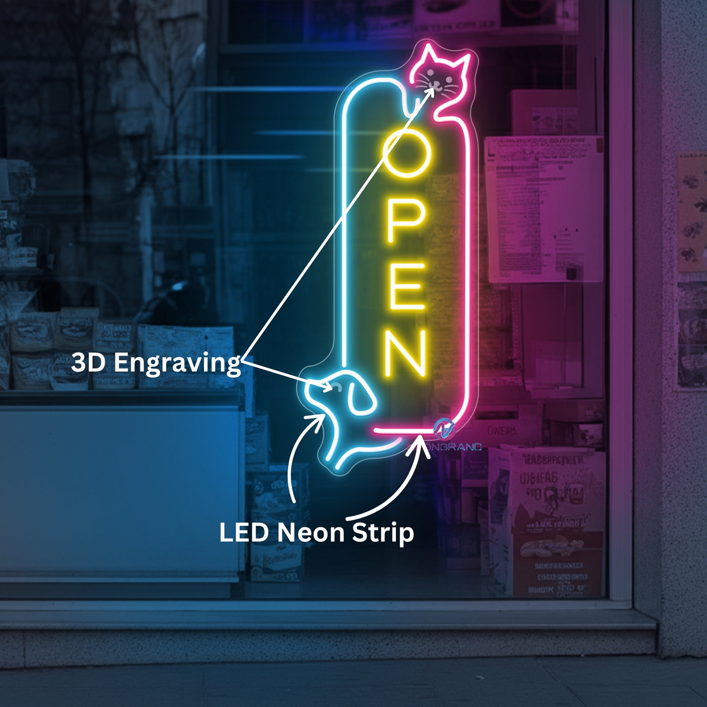 Vertical Pet Shop Open Sign Storefront LED Light For Business