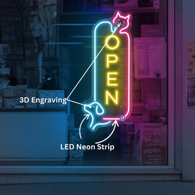 Vertical Pet Shop Open Sign Storefront LED Light For Business
