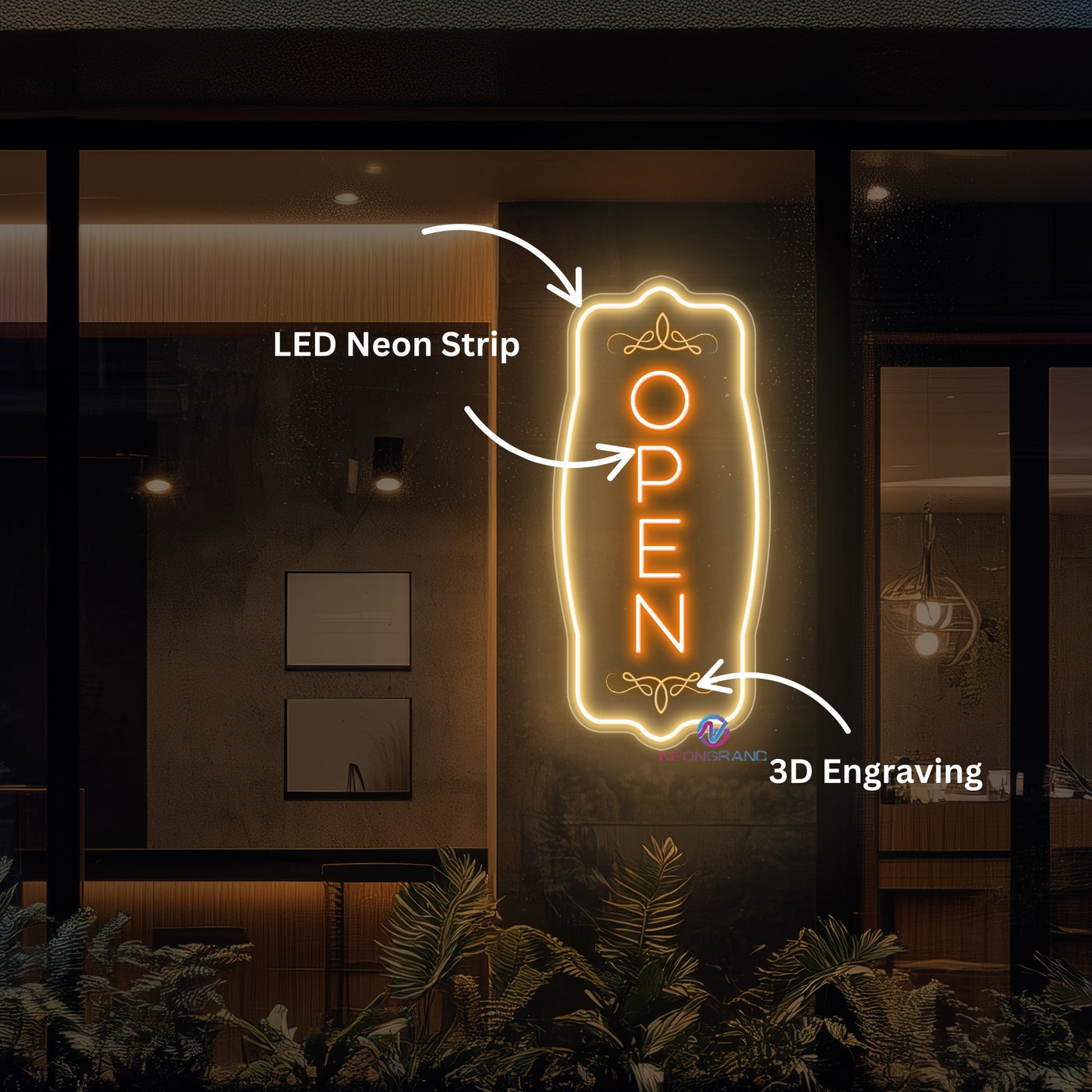 Vertical Vintage Open Neon Sign Storefront LED Light