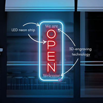 We Are Open Neon Sign 3D-Engraving Vertical Welcome LED Light