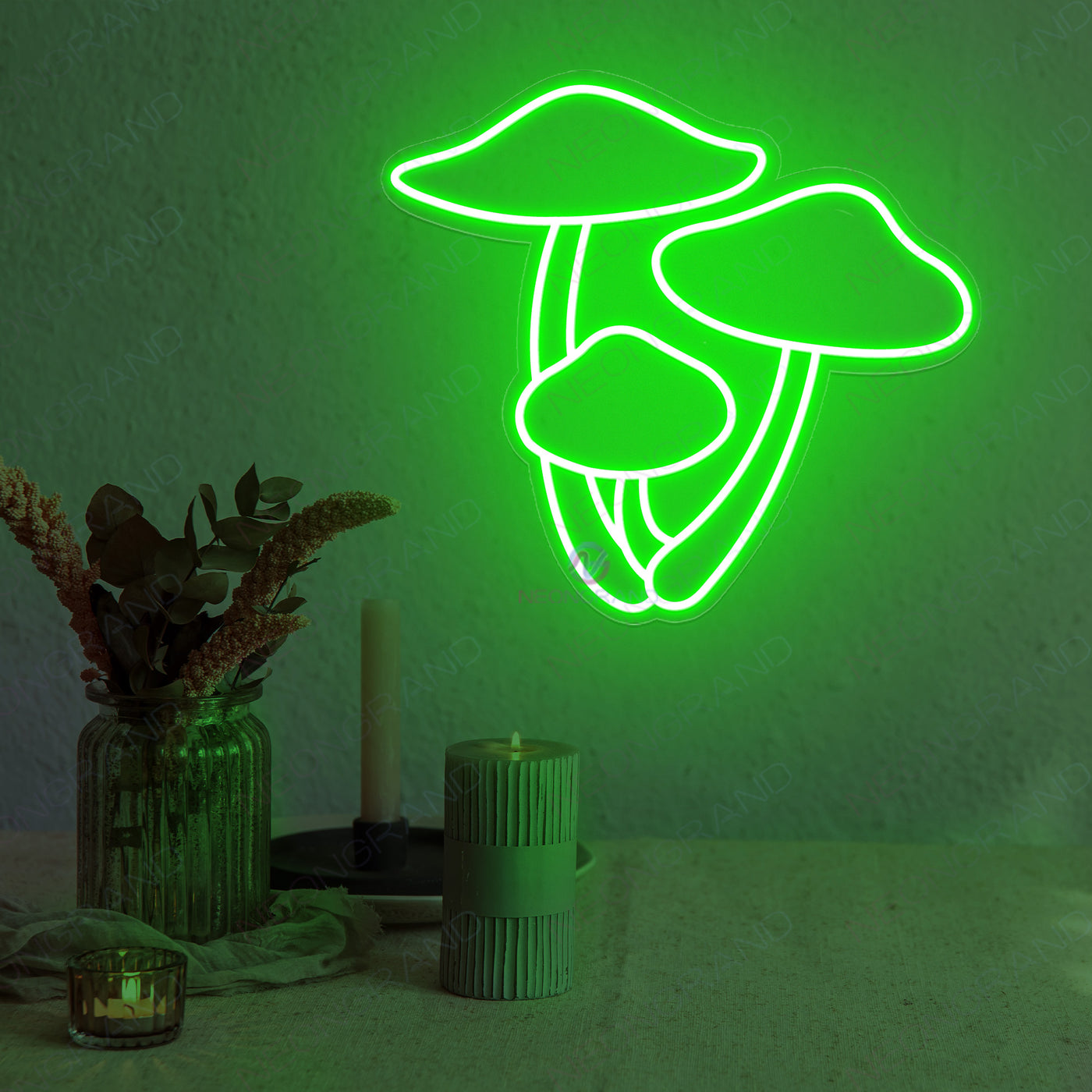 Three Mushroom Neon Light  Aesthetic Led Sign green