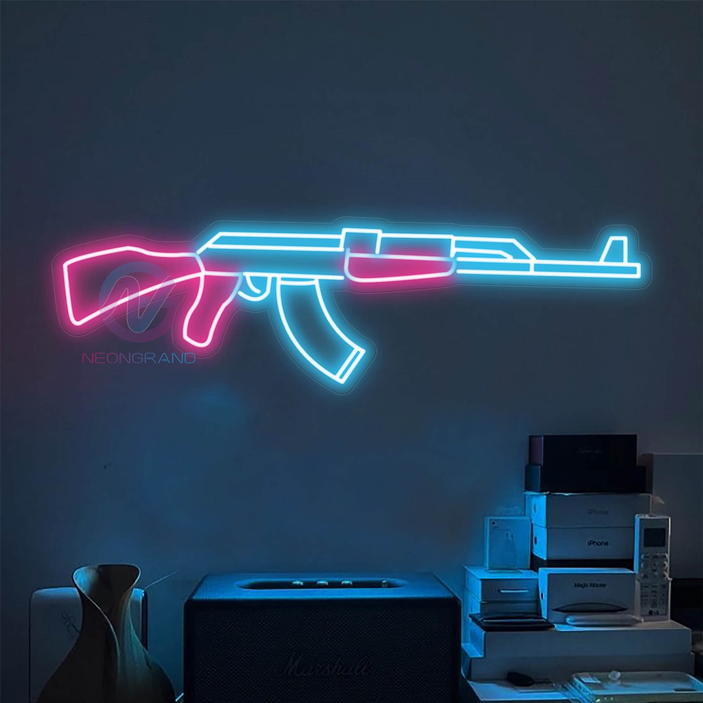 Gun Neon Sign AK 47 Pistol Music Led Light light blue