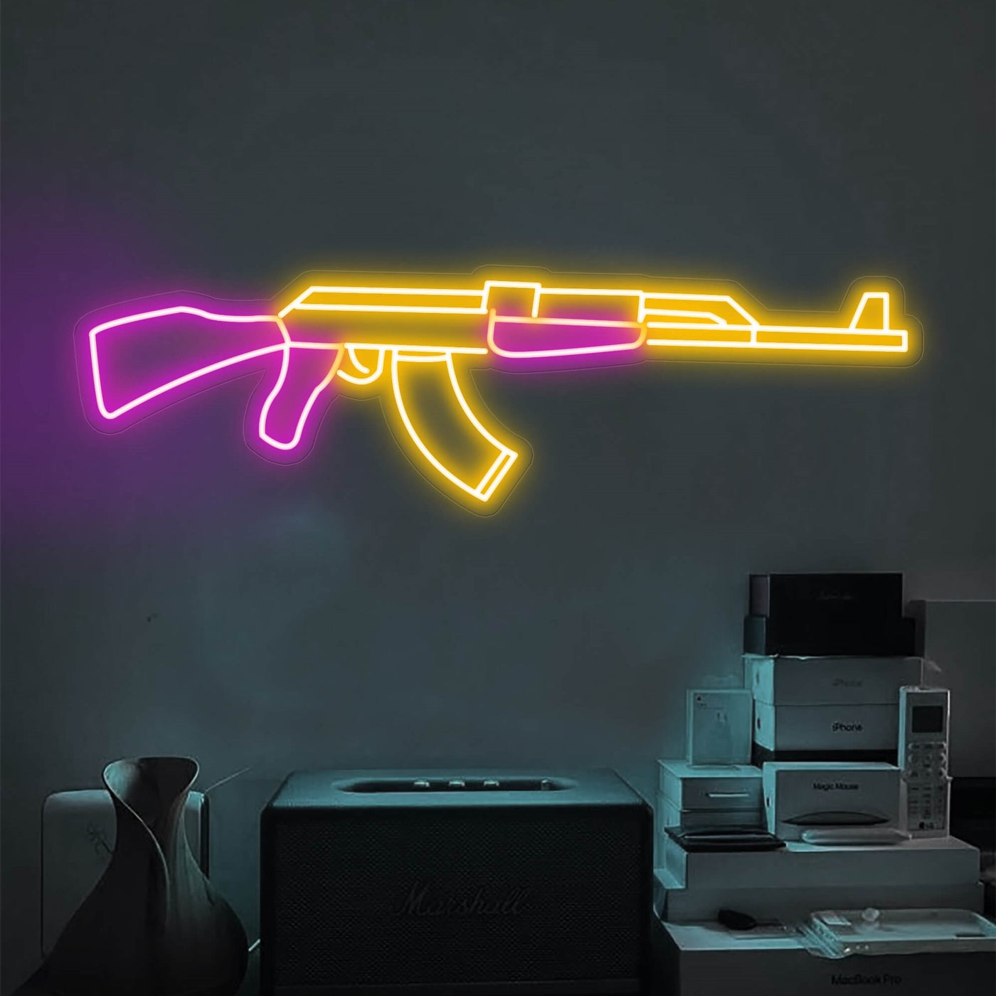 Gun Neon Sign AK 47 Pistol Music Led Light orange yellow