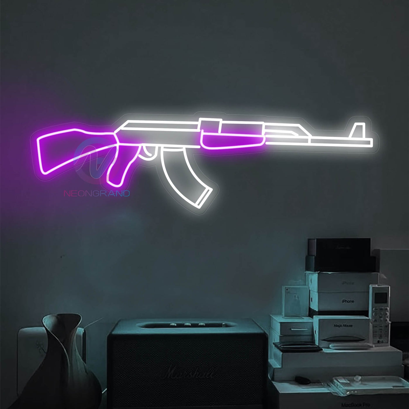 Gun Neon Sign AK 47 Pistol Music Led Light white