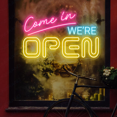 Open Neon Sign Come In We're Open Business Led Light yellow