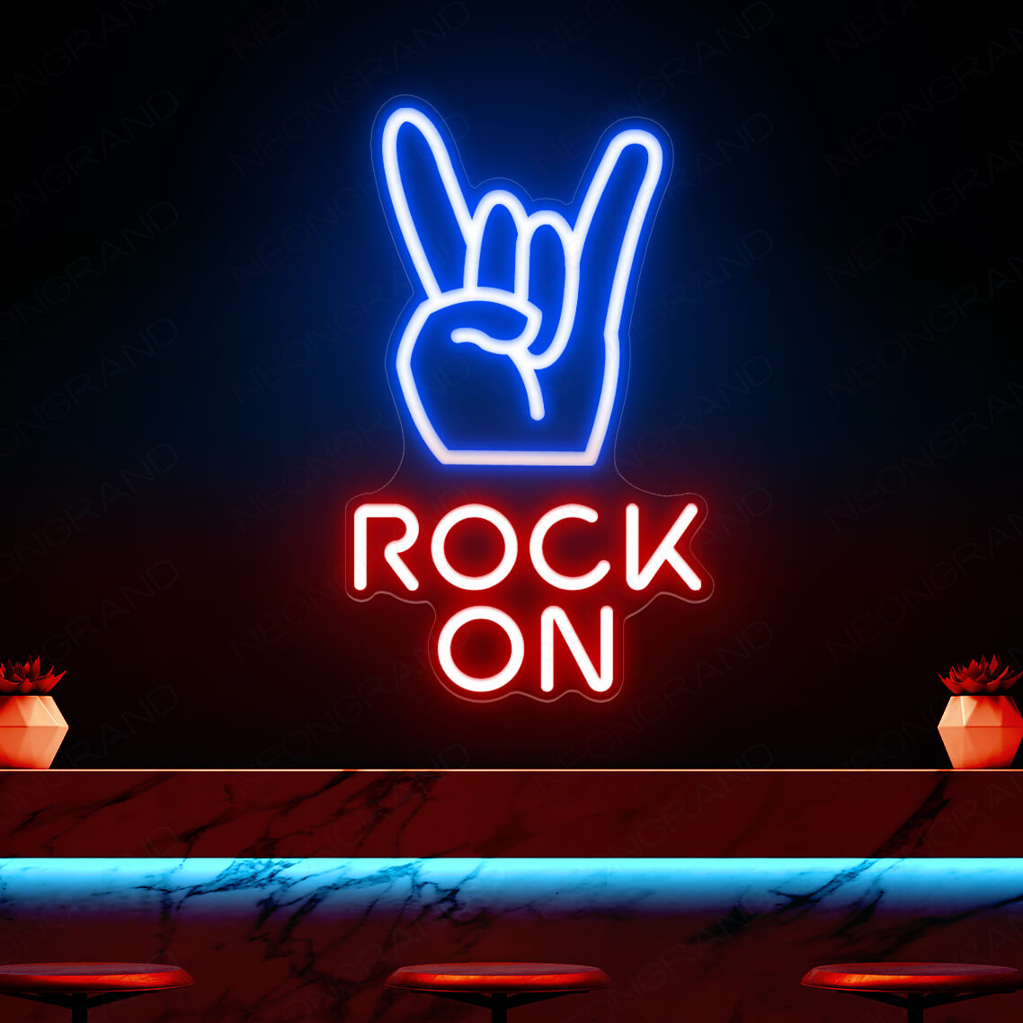 Rock On Neon Sign Rock N Roll Rock Hand Led Light blue