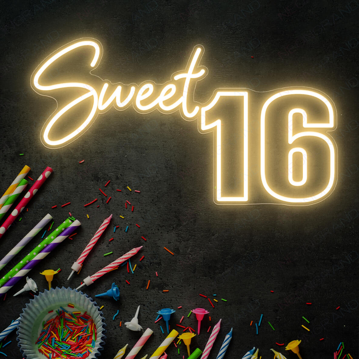 Sweet 16 Neon Sign Happy Birthday Party Led Light gold yellow