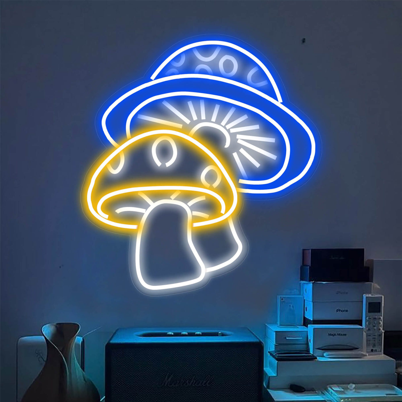Two Aesthetic Mushroom Neon Sign Led Light blue yellow